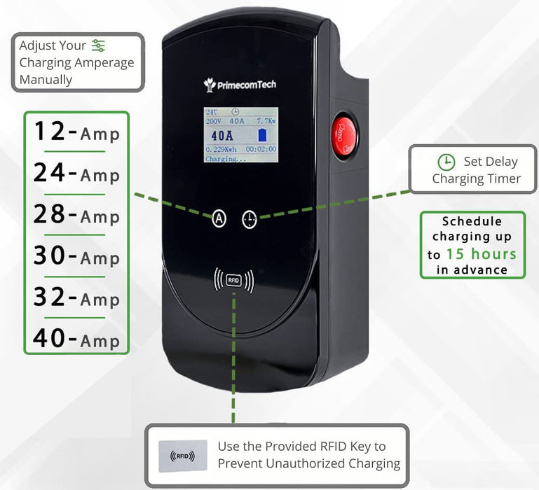 Primecom 32 & 40 Amp Level 2 EV Charger | 220 Volt | 25 & 30 Feet Length