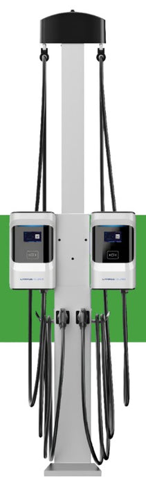 Two side by side Prime Charge 208V 240V 277V Commercial Electric Vehicle (EV) Charging Stations with one connector each, mounted on pedestal (sold separately), front view