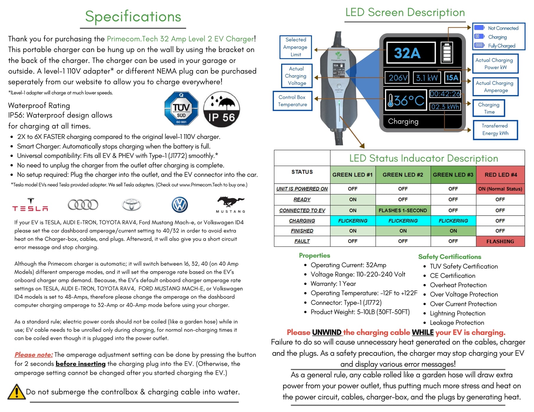 Level 2 Electric Vehicle (EV) Charger Amperage Adjustable — PRIMECOMTECH