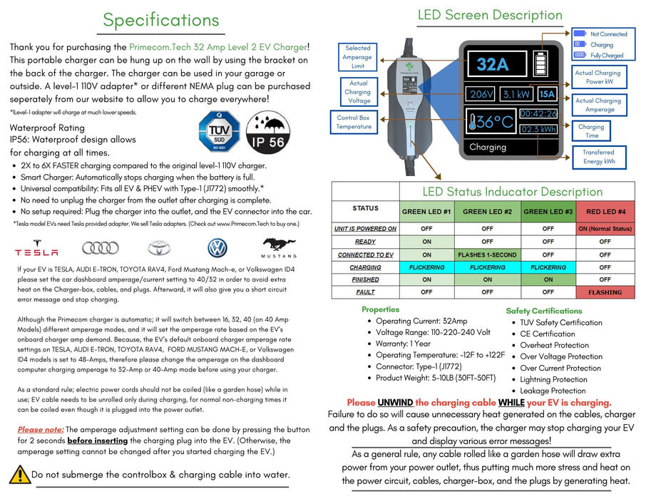 Level 2 Electric Vehicle (EV) Charger PRIMECOMTECH