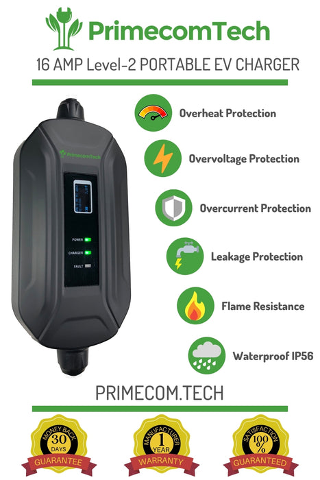 Primecom 24 Amp Level 2 EV Charger Amperage Adjustable: 10A - 16A - 24A